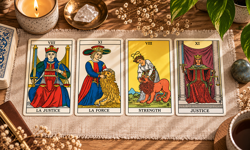 Tirage de tarot, justice et force